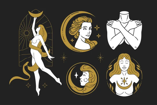 Minimalistic icon golden and black set esoteric magic woman with half moon and stars vector —  Vetores de Stock