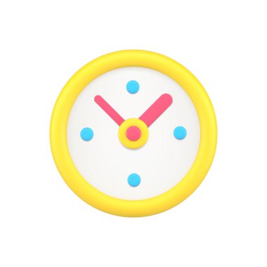 Rounded yellow alarm clock with time arrows 3d icon vector illustration. Circle badge analog watch