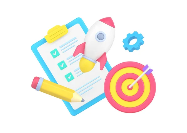 Development successful business startup strategy with gear, goal aiming, to do list checkbox rocket — ストックベクタ