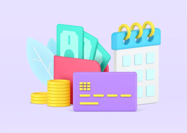 Day of payment with calendar and cash money debit card 3d icon isometric vector illustration — Stock vektor