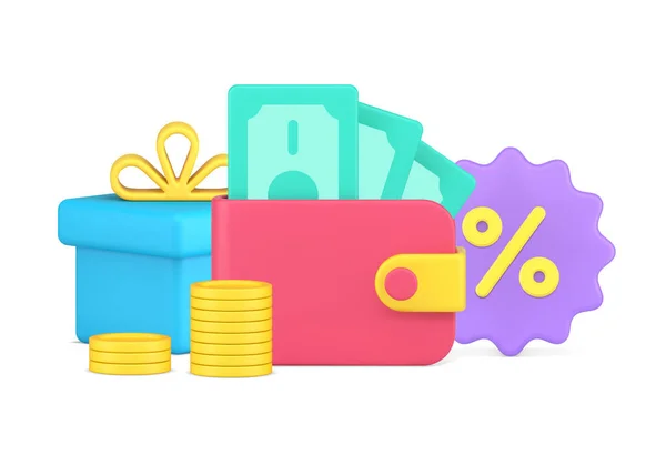 Cashback pour cent et cadeaux pour paiement achat achat 3d icône vectoriel illustration vente, escompte — Image vectorielle