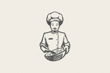 Positive male chef with mustache holding bowl with salad hand drawn stamp effect vector illustration.