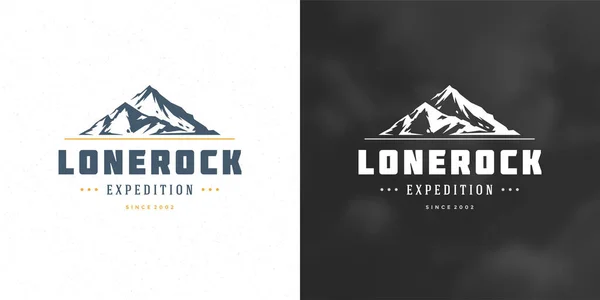 Montagna campeggio logo emblema paesaggio esterno vettore illustrazione roccia colline silhouette per camicia o stampa timbro — Vettoriale Stock