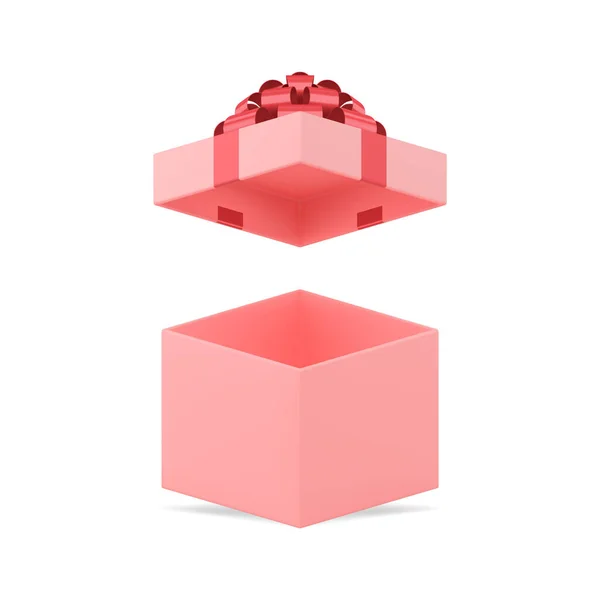 Feminine pink birthday open squared gift box with red bow ribbon realistic 3d template vector — Vector de stock