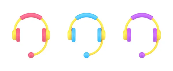 Collection multicolored headset with microphone for remotely communication 3d icon vector — Image vectorielle