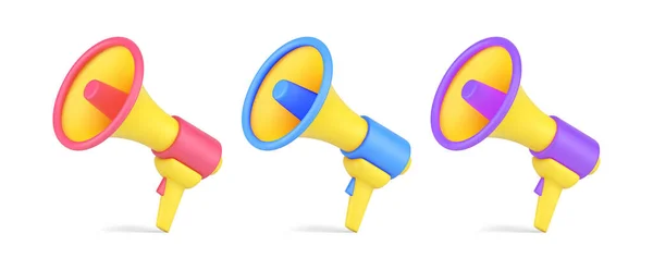 Collection bright megaphones for loud speaking attention announce isometric 3d icon vector — Image vectorielle