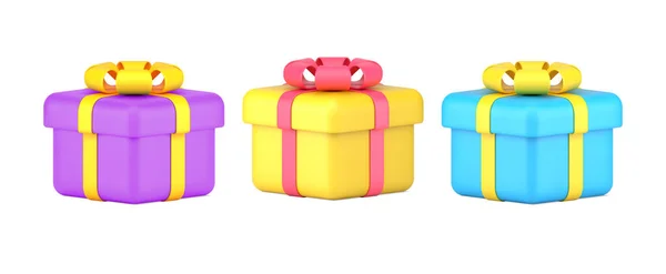 Collection bright cubes wrapped gift boxes decorated by ribbon bow for holiday congrats 3d icon — Stockvektor