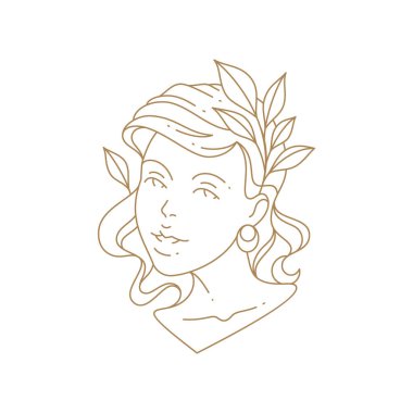 Adorable woman face bust antique goddess line art deco vector illustration