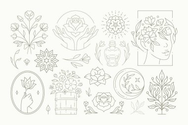 Cute floral decorative blossom elements collection line art logo vector illustration romantic flower