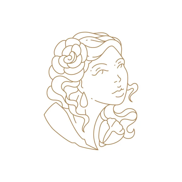 Monochrome simple woman with flower in hair bust art deco icon vector illustration — ストックベクタ