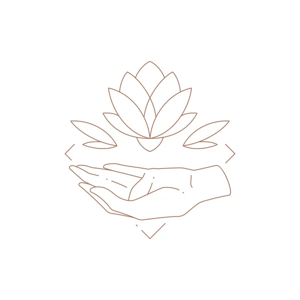 人間の手の瞑想の上にミニマリスト密教のロゴ蓮の花魔法の美しさウェルネススパサロン — ストックベクタ