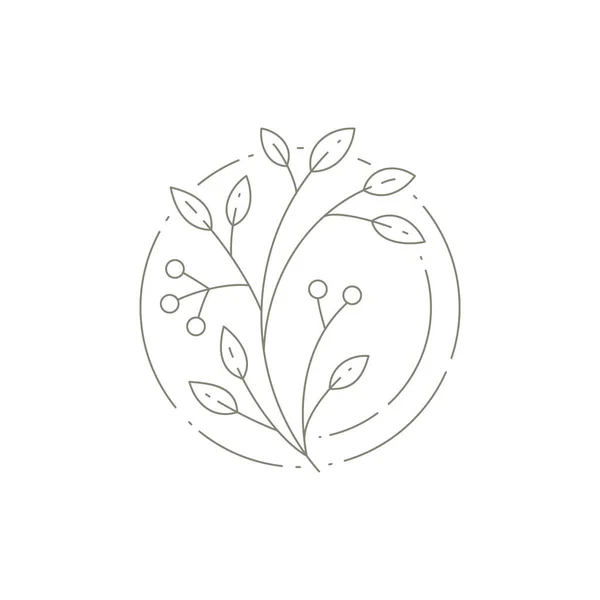 Monochrome simple tree twig with stem, leaves and berry at decorative circle frame line art logo — Vector de stock