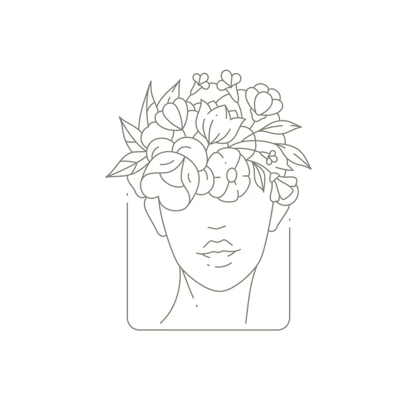 Αφηρημένη γυναικεία κεφαλή που καλύπτεται από λουλουδάτο μπουκέτο σε τετράγωνο πλαίσιο μονόχρωμο λογότυπο για την αισθητική ομορφιά — Διανυσματικό Αρχείο