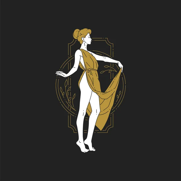 Hand drawn minimalistic ancient Greek goddess woman in dress posing at circle rectangle border — стоковый вектор