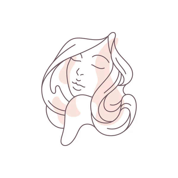 Abstract elegant lady face with long waving hair and closed eyes pastel spot continuous line icon — Stockvektor