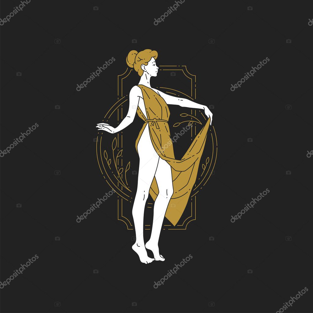 Hand drawn minimalistic ancient Greek goddess woman in dress posing at circle rectangle border with olive leaves icon vector illustration. Antique female mythology lady logo for wellness salon