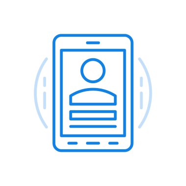 Video call by smartphone vector line icon. Quick online call screen photo of character with data on gadget panel.