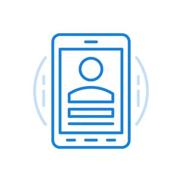 Videogesprek via smartphone vector lijn pictogram. Snelle online call screen foto van karakter met gegevens op gadget paneel. — Stockvector