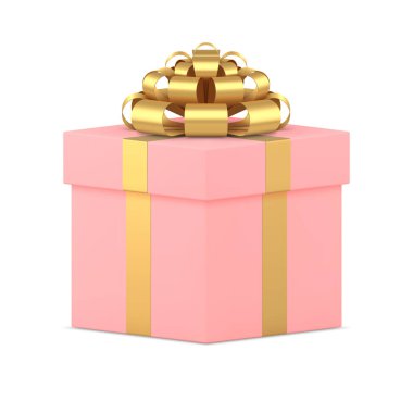 Realistic pink gift box with golden metallic bow 3d template vector illustration