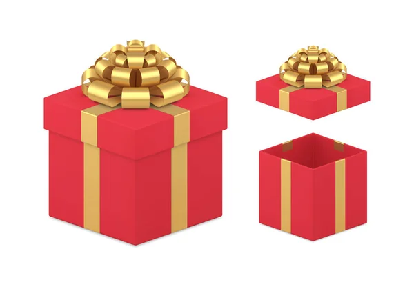 Luxury red open and closed gift box with golden big bow set realistic vector illustration — Archivo Imágenes Vectoriales