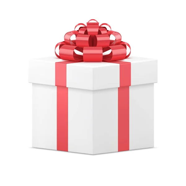 White gift box with red bow ribbon classic 3d design realistic vector illustration — Archivo Imágenes Vectoriales