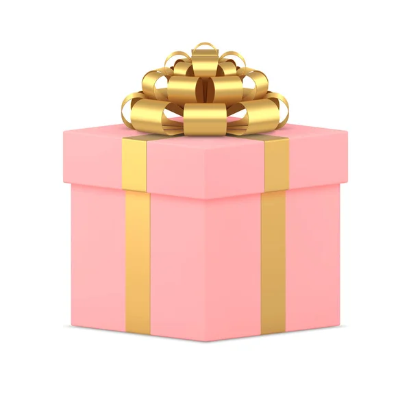 Realistic pink gift box with golden metallic bow 3d template vector illustration — Image vectorielle