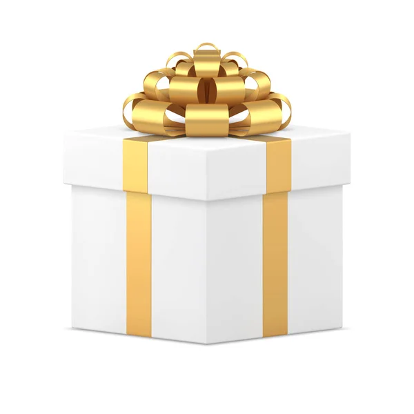 White gift box wrapped by golden bow ribbon realistic 3d vector illustration — Stock Vector