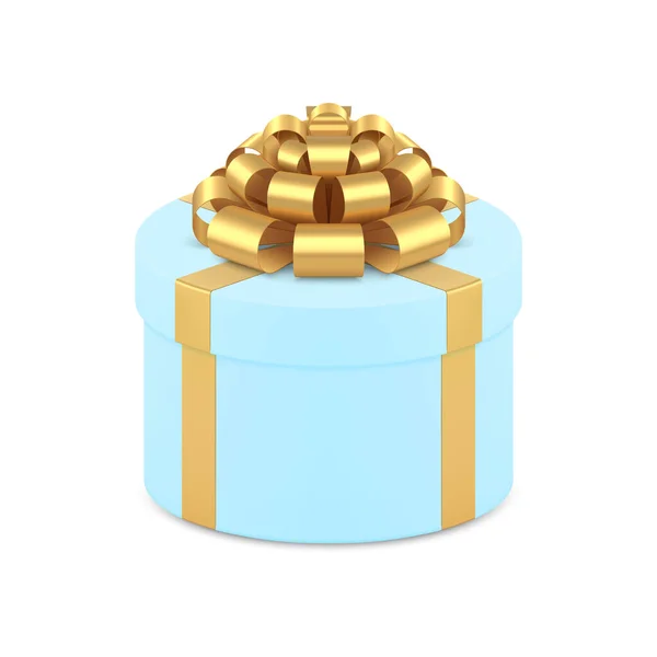 Luxo azul círculo caixa de presente decorada por fita de arco dourado 3d isométrico vetor de design limpo —  Vetores de Stock