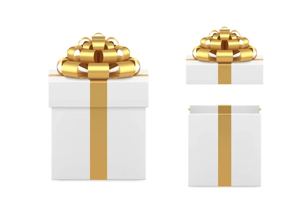 Clásico costoso brillante envuelto caja de regalo blanca decorada por la cinta metálica de oro 3d vector en blanco — Archivo Imágenes Vectoriales
