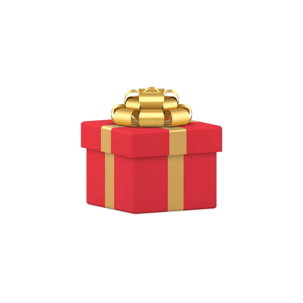 Scatola regalo rossa realistica con fiocco metallico dorato nastro illustrazione vettoriale 3d — Vettoriale Stock