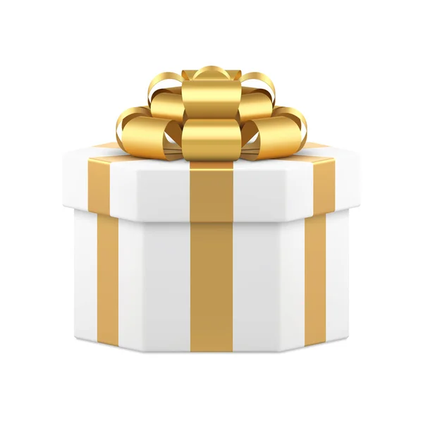 Weiße Geschenkschachtel mit goldener Schleife 3d dekorative Vektorillustration — Stockvektor