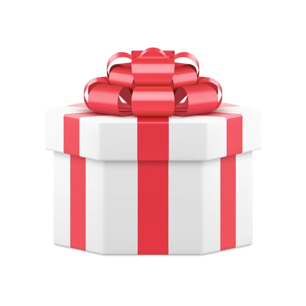 Realista caja de regalo blanco con arco rojo 3d plantilla vector ilustración — Archivo Imágenes Vectoriales