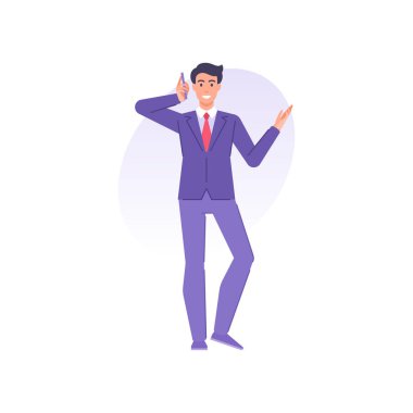 Successful business male tie suit calling mobile phone discussing business vector flat illustration