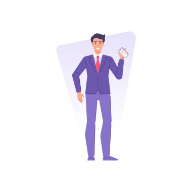 Yakışıklı politikacı erkek karakter akıllı telefon ekranı reklam uygulaması yapıyor