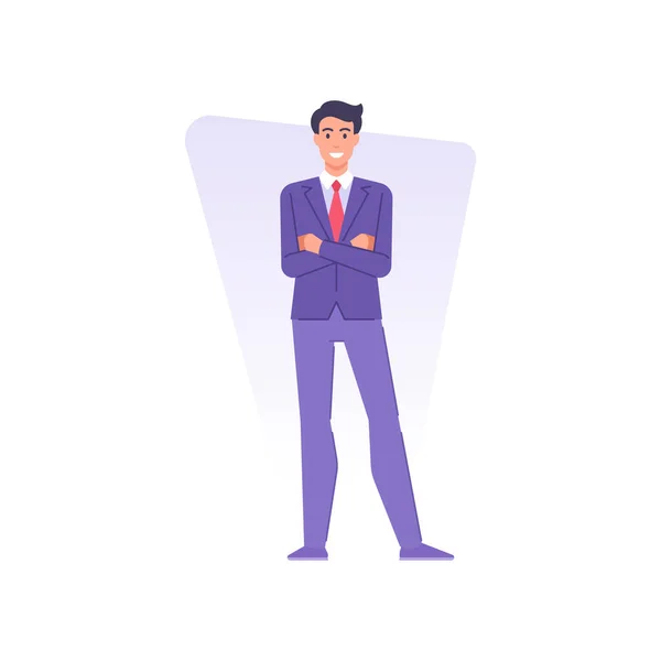 Confiant jeune homme d'affaires à la mode debout avec des mains croisées vecteur illustration plate — Image vectorielle