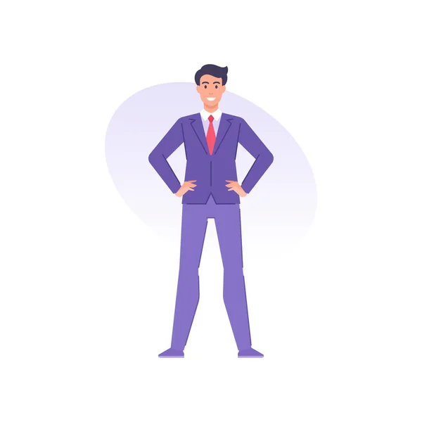 Jistý úspěšný obchodník v kravatovém obleku stojí s rukama na pase a usmívá se pozitivní emoce — Stockový vektor