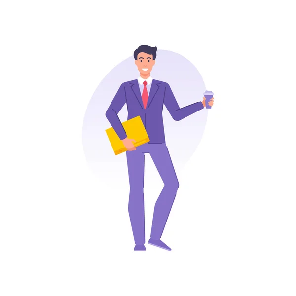 Cheerful office worker business man going to job holding coffee paper cup and documents folder — Stockový vektor