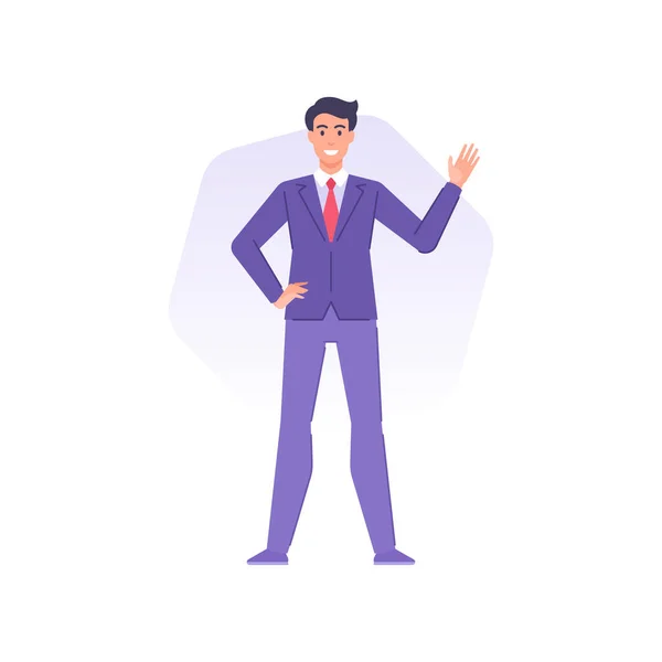 Public male person businessman, politician, influencer wearing red tie and suit greeting hand vector — Stockvektor