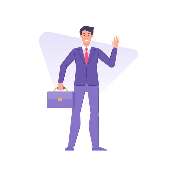 Cheerful stylish business man holding briefcase with documents greeting hand vector flat — Vetor de Stock