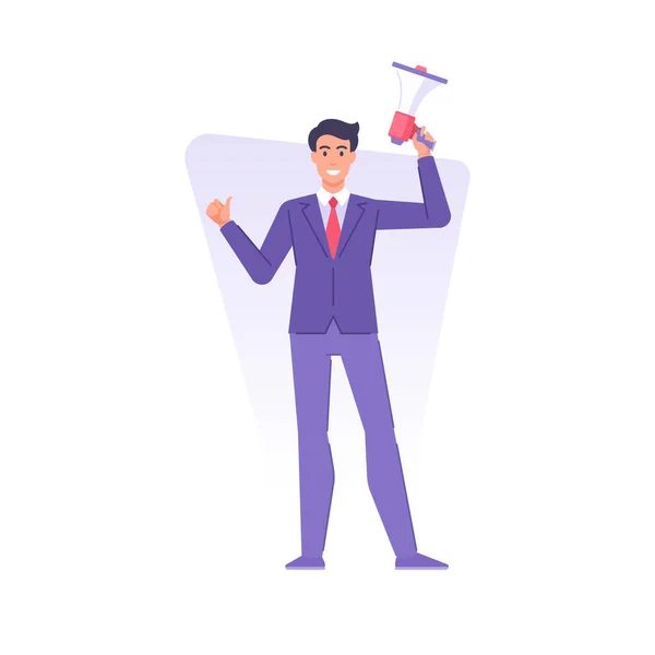 Cheerful business male holding megaphone thumb up loud public message political agitation vector — Stockvector