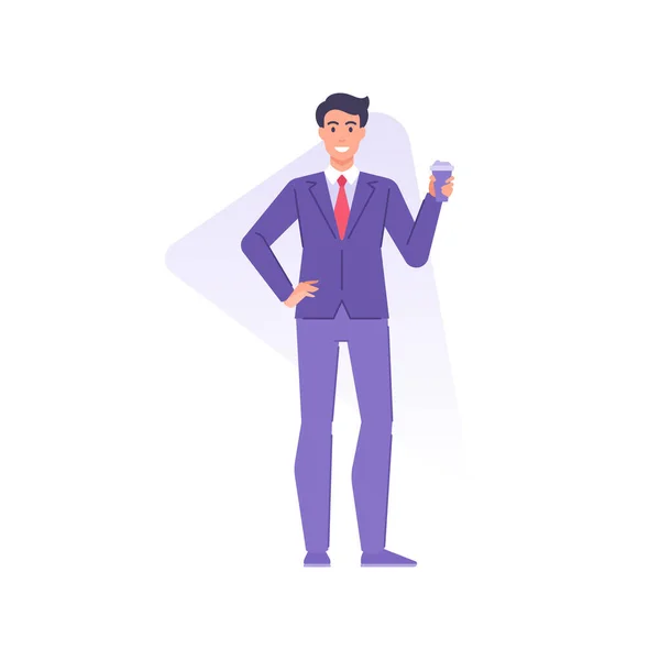 Feliz hombre de negocios elegante con traje de corbata de pie con papel taza de café vector ilustración plana — Archivo Imágenes Vectoriales