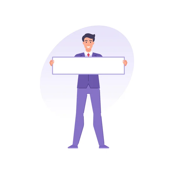 Smiling male office worker in tie suit holding white blank banner for message vector illustration — Stockový vektor