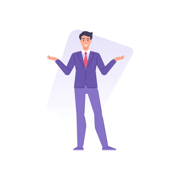 Smiling business man posing with raising hands making choice presenting gesture vector flat — Stock Vector