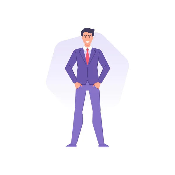 Μοντέρνο trendy επιχειρηματίας σε κοστούμι κόκκινο γραβάτα στέκεται με τα χέρια στις τσέπες με θετικό συναίσθημα — Διανυσματικό Αρχείο