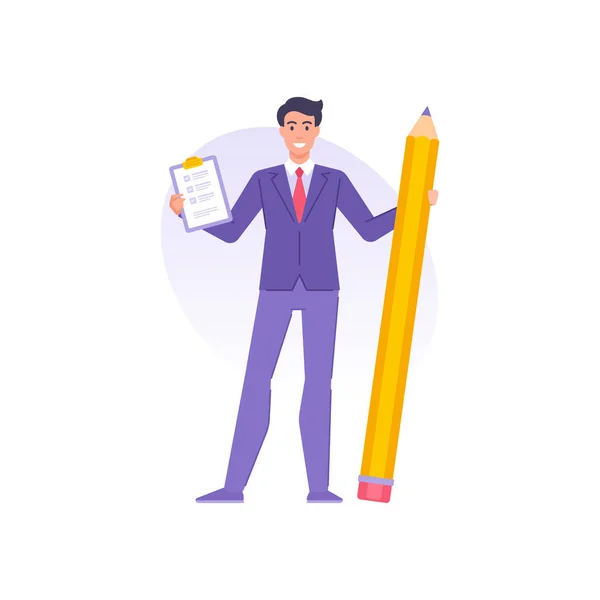 Smiling tiny man in suit tie holding pencil and clipboard with to do list checkmark vector flat — Stock Vector