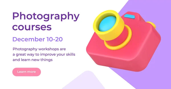 Photography courses advertising landing page with professional photo camera 3d icon web landing page — Stock Vector