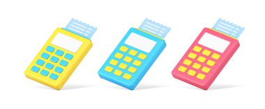 Bright isometric POS terminal set with paper receipt successful banking transaction invoice