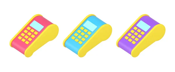 Isométrico coleção multicolorido terminal POS para pagamento de compra de dinheiro eletrônico ícone 3d sem contato — Vetor de Stock