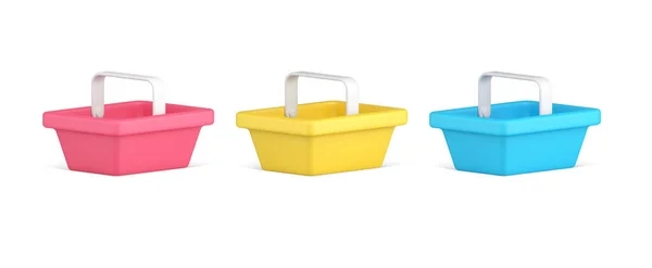 Isométrico coleção multicolorida supermercado cesta com alça confortável transportando vetor ícone 3d — Vetor de Stock