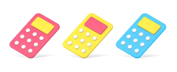 Collection calculators with buttons and display for mathematics counting numbers checking 3d icon — Stockvektor